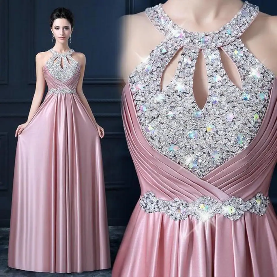 Модное ярко-розовое длинное вечернее платье женские вечерние платья Светоотражающие эластичные атласные Бисероплетение со стразами в пол торжественное платье