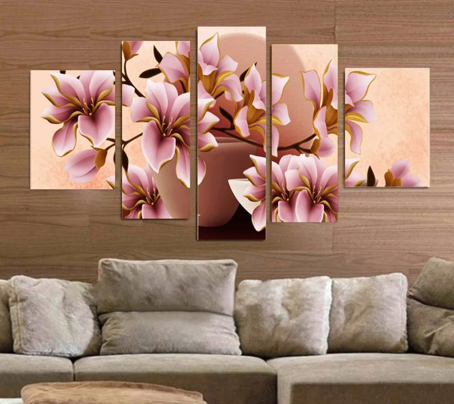 5 Pieces Canvas Wall Art High Quality Red Flower Knife Oil Painting On
