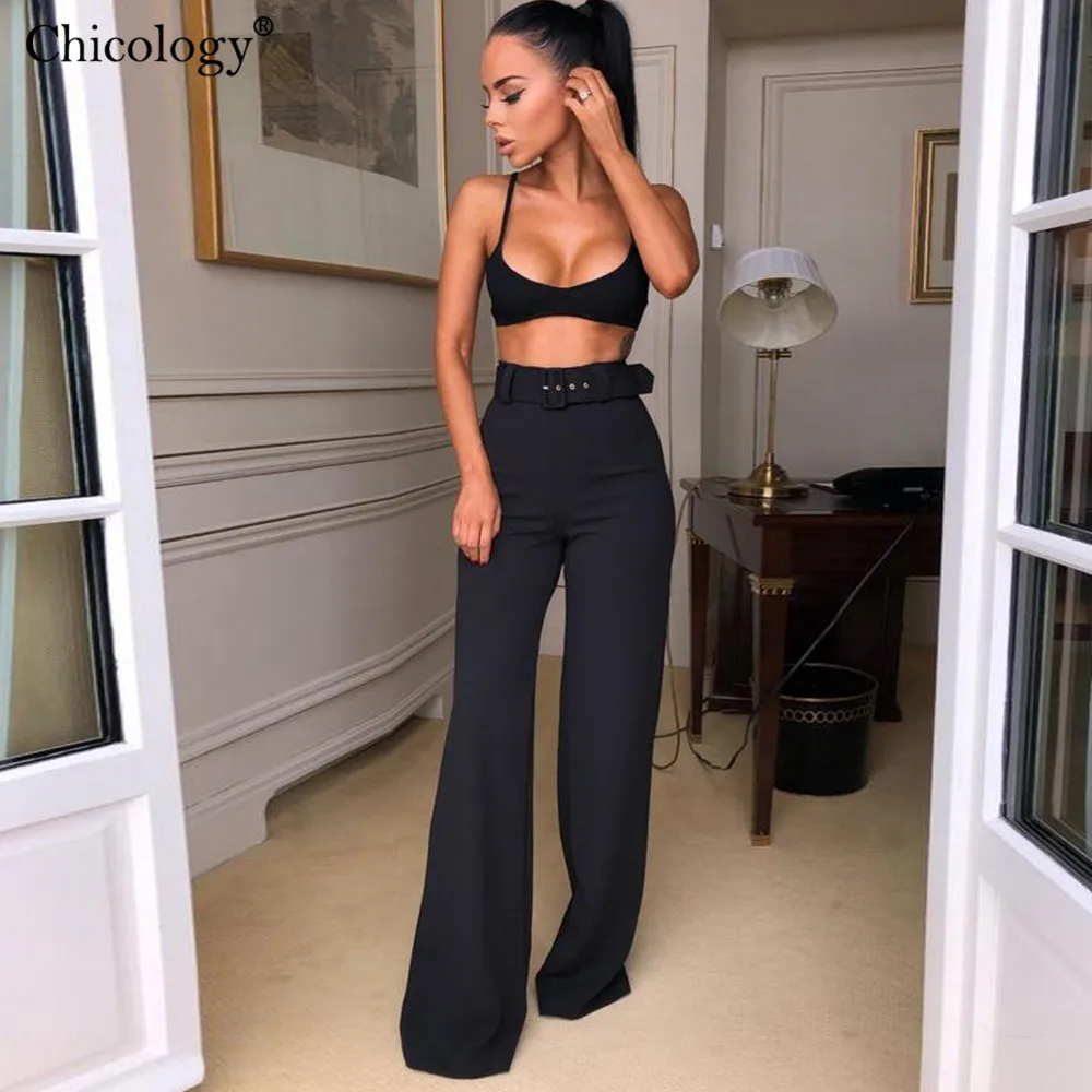 Chicology wide leg belt buckle pants high waist fashion bottom summer female sexy women streetwear trousers lady clothing