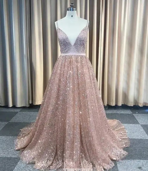 Leeymon на заказ сексуальный блеск глубокий V-образным вырезом платья выпускного вечера элегантный линия спинки дешевое длинное платье для вечерней вечеринки - Цвет: rose gold
