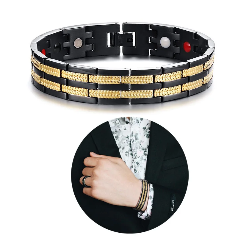 

Men's Executive Regal Magnetic Bracelet Stainless Steel 2 Tone Stripes 4 in 1 Bio Elements Magnet FIR Germanium Braslet Jewels