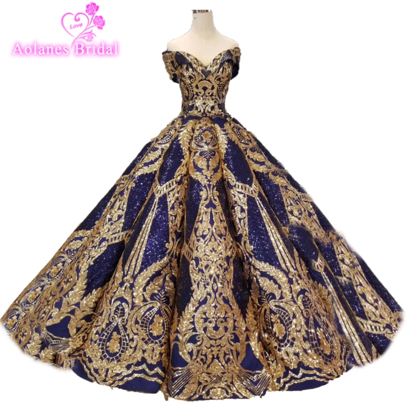 

2019 Luxury Red Roryal Gold Lace Applique Puffy Prom Dresses Couture Arabic Evening Gown Vestidos Ball Gown Formal Party Dresses