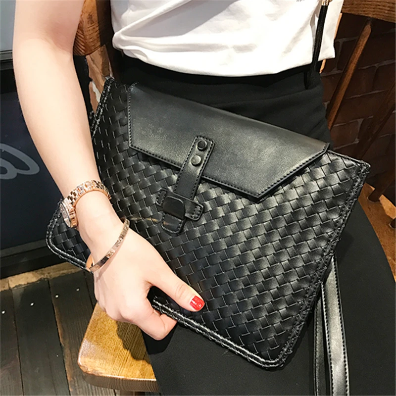 

Solid Color PU Women Weave Clutch bag Handbags Waterproof Leather Handle Envelope bag Single root