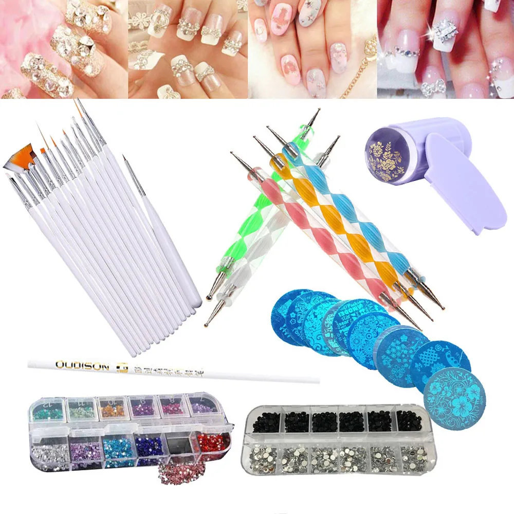 

30PCS Nail Art Set Design Dotting Painting Drawing Polish Brush Pen Tool Kit Rhinestones q71023