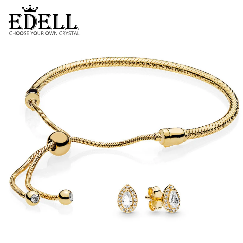 

EDELL 100% 925 Sterling Silver New Shiny Bracelet and Earring Set 567110CZ 266252CZ Adjustable Size Free Shipping Factory