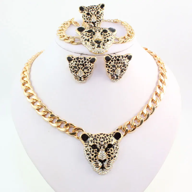 Модный браслет с головой леопарда, серьги, ожерелье, набор колец, Модный золотой цвет, кристалл, костюм, африканские ювелирные наборы - Окраска металла: Jewelry Sets