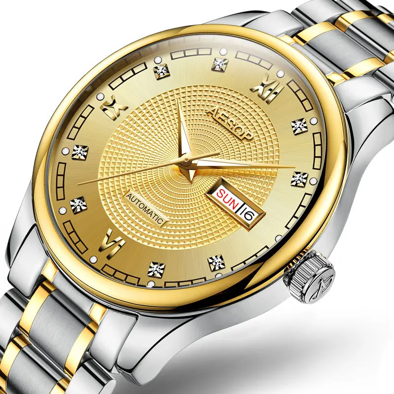 AESOP мужские деловые автоматические механические часы, мужские наручные часы, наручные часы из нержавеющей стали, мужские часы, мужские часы - Цвет: Gold silver S Box
