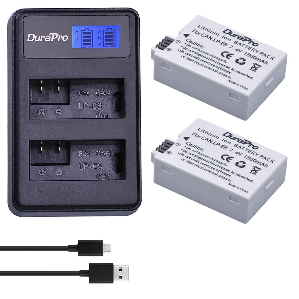 2pc For Canon LP E8 Digital Batteries Li ion LP E8 LPE8 Camera Battery LCD Dual