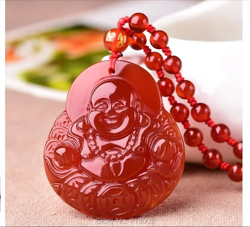 

Nature Brazil Carnelian Lucky Pendant laugh Buddha Amulet agate Beads Necklace