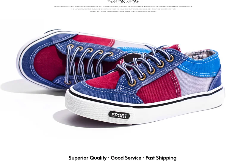 Patchwork Children Shoes for Boys Girls Spring Demin Jeans Kids Shoes leisure Canvas Sneaker BLue Red Rubber Children Sneakers (2)
