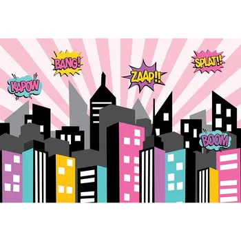 

Vinyl Superhero Backdrops for Photography Pink Cartoon City Building newborn children Birthday Party Background for Pictures