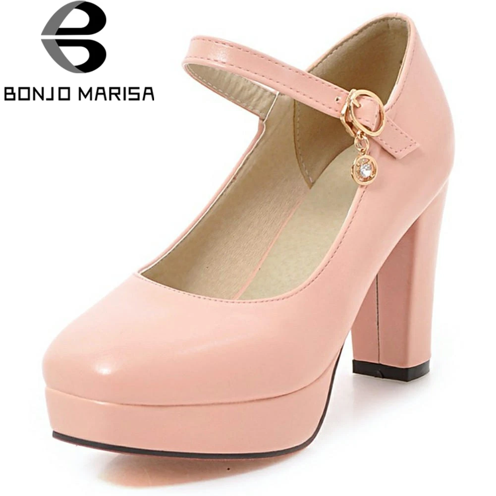 

BONJOMARISA 2019 New Arrival Fashion Big Size 33-43 Square Toe High Heels Platform Buckle Strap Shoes Women Pumps