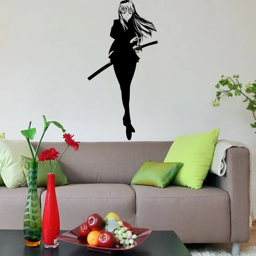 

Wall Decal Vinyl Salon Girl Sticker Beautiful Girl with Sword Samurai Anime Housewares WalL Art Decor Mural Japan Style WW-320