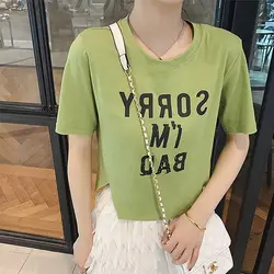 Харадзюку Графический футболки для женщин короткий рукав укороченный топ ulzzang тонкий с буквенным принтом базовые футболки Корейская