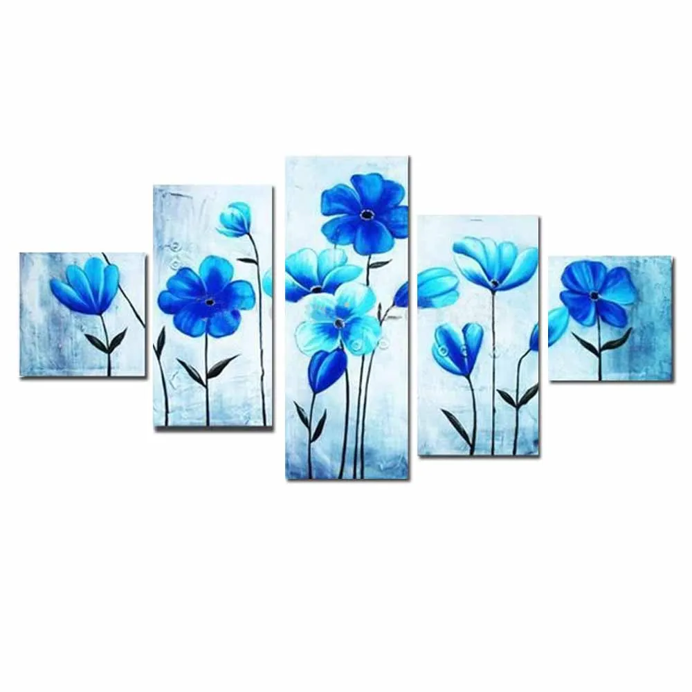 Modern Flower Art 100Handmade Five Panels Blue Flower Canvas Oil