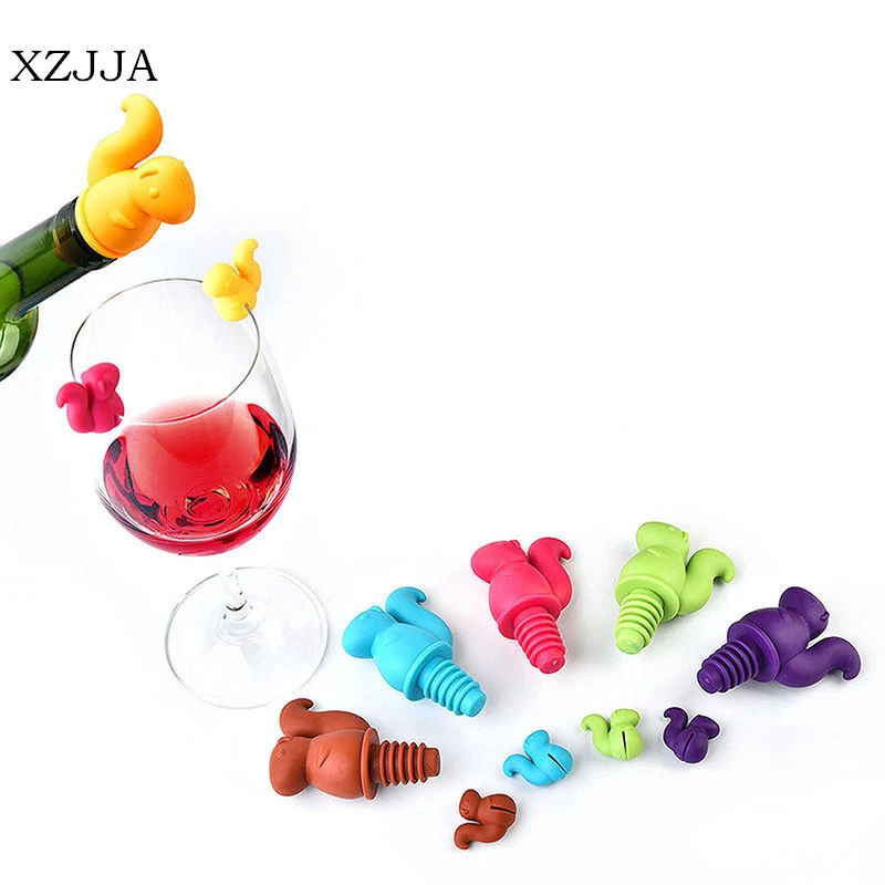 

XZJJA 6+1pcs/pack Cute Squirrel Wine Bottle Stopper with Silicone Drink Glass Cup Markers Recognizer Labels Party Wine Tools