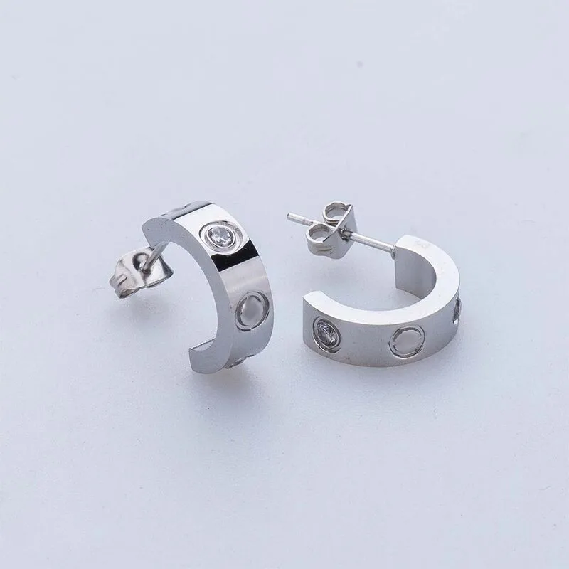 

BrandFashion Screw Stud Earrings Titanium Steel Semicircle AAA Zirconia Classical Love Shiny Earrings For Women Piercing Jewelry