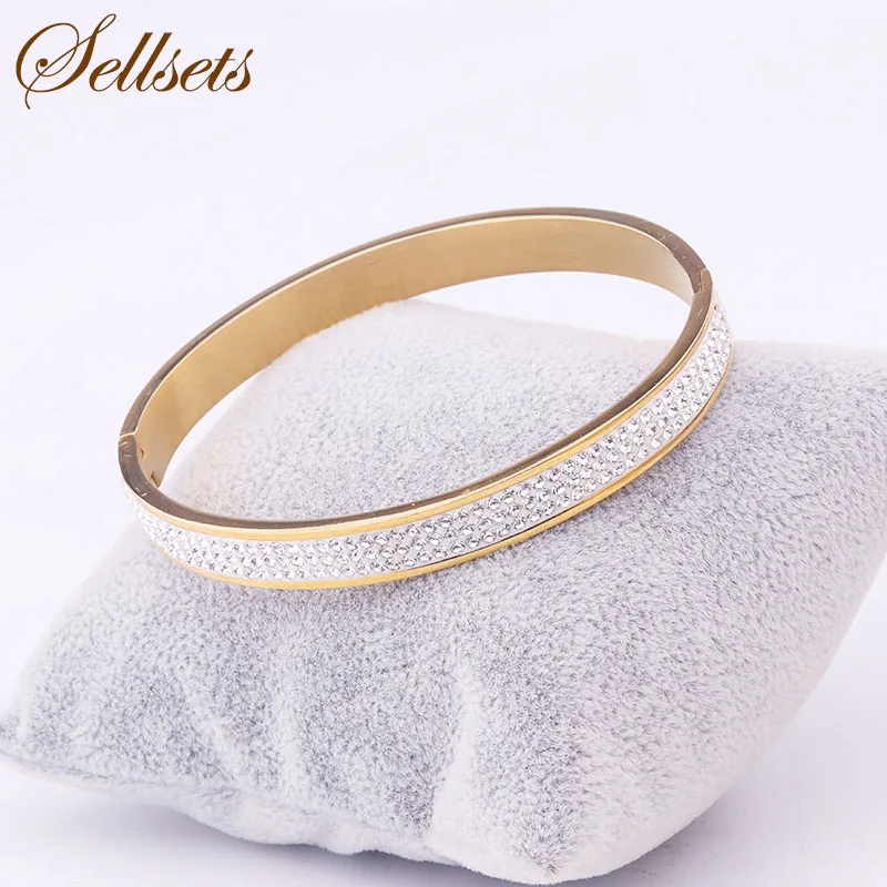

Sellsets Jewelry 3 Rows Crystal Rhinestone Pave Stainless Steel Bangle Cuff Gold Color Open Bracelets & Bangles For Women Gifts