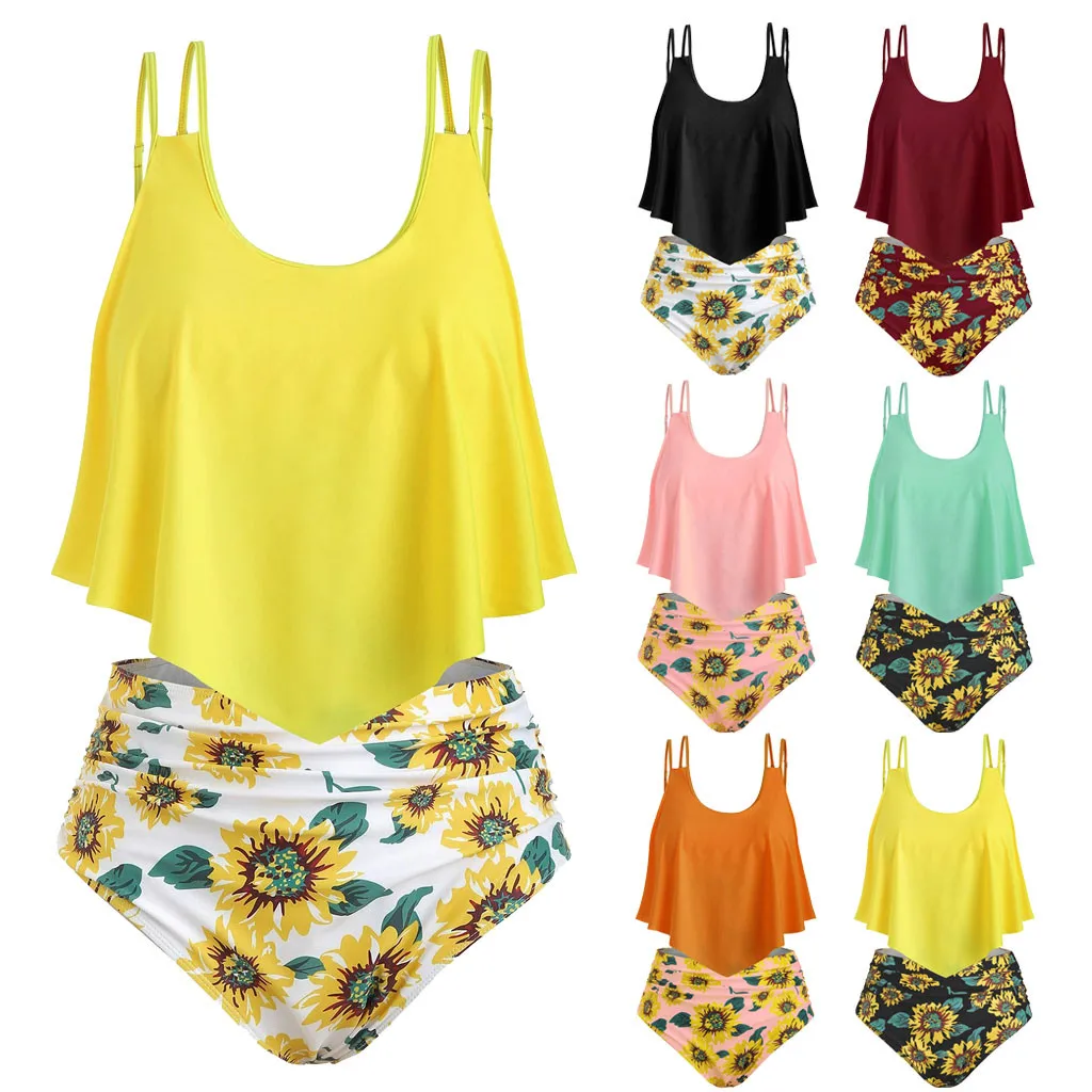 

Bikini 2019Top Women Two Pieces Bathing Suits Top Ruffled With High Waisted Bottom Bikini Set Tankini Switmsui