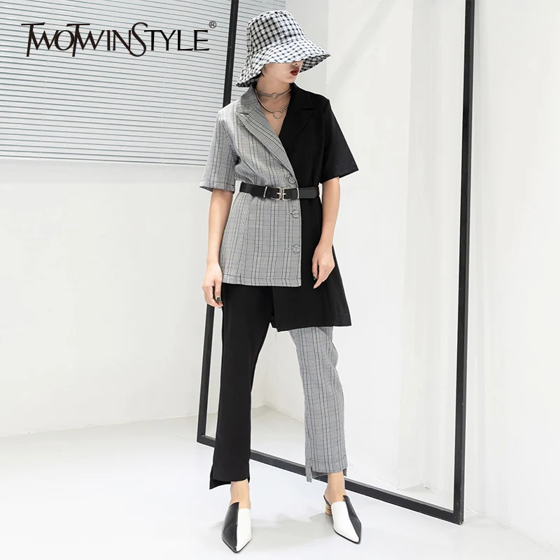 TWOTWINSTYLE Irregular Patchwork Plaid Women's Suits Short Sleeve
