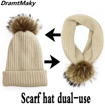 

New Dual-use Winter Brand Female Ball Cap Pom Poms Winter Scarf Hat For Women Girl 'S Hat Knitted Hat Cap Thick Skullies Beanies