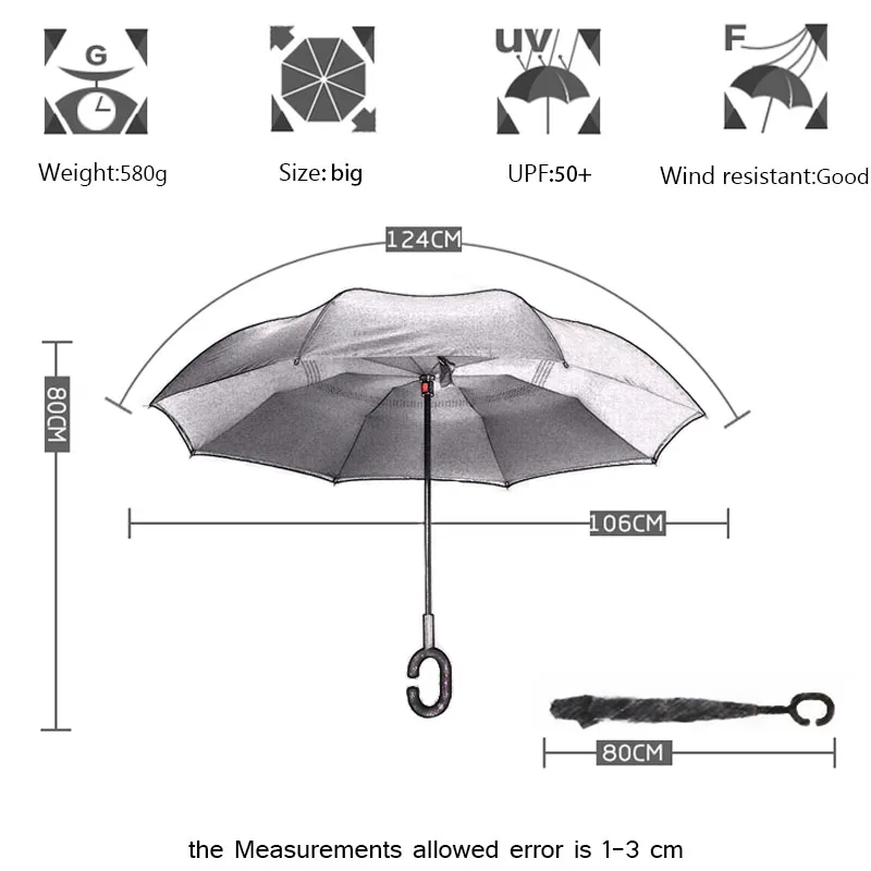 Перевернутый обратный складной зонтик фиолетовый Unbrellas ткань двойной слой ветрозащитный непромокаемый УФ Защита Длинные ручки Зонты