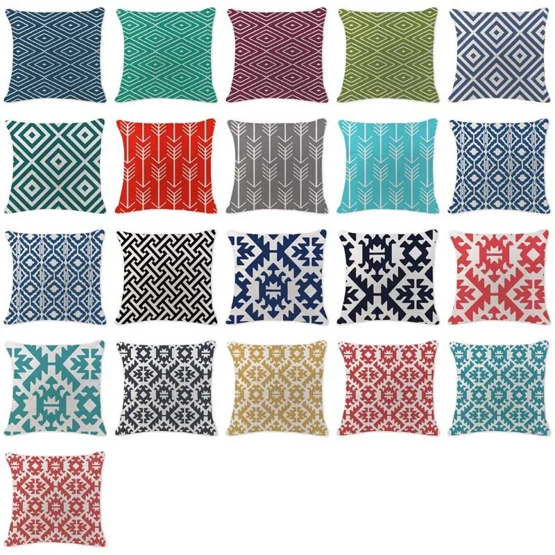 

Boho Geometry Blue Cushion covers Abstract Ethnic Custom Linen Arrow Cushion Home Decor Throw pillows Retro Cushion cover