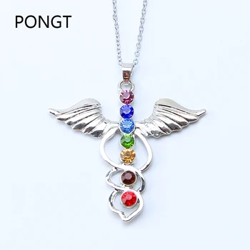 New 7 Chakra Stones Reiki Healing Crystal Rhinestone Point Chakra Pendant Tree Of Life Pendant Angel Shape Jewelry Necklace