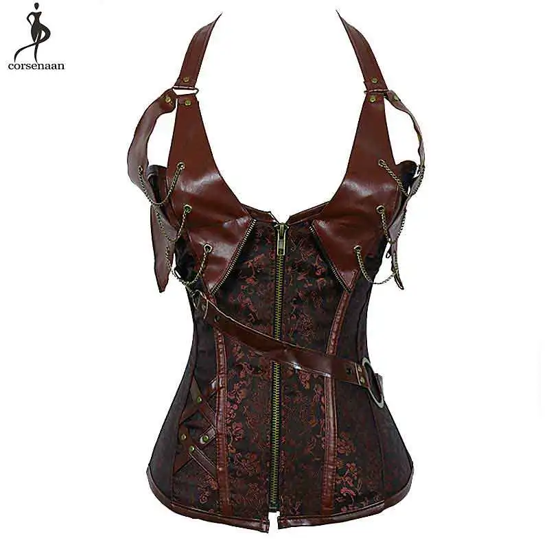 

Steampunk Corset Halterneck Gothic Korset Jacquard Floral Spiral Steel Boned Gorset Plus Size Bustier Zipper Corsets Gothique
