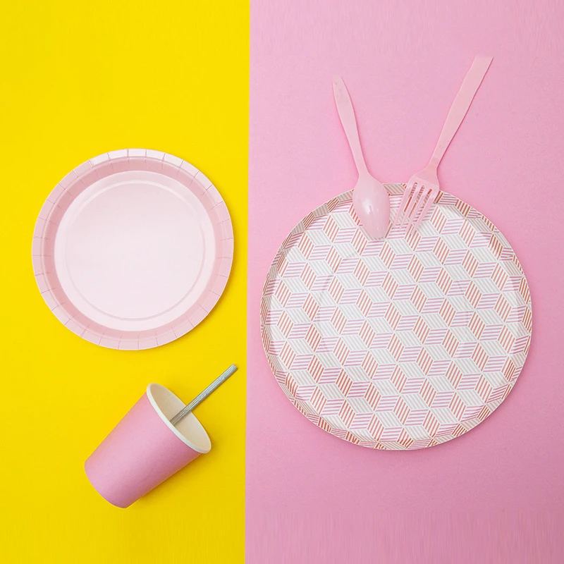 

40pcs/set Colorful Plaid Disposable Tableware Paper Cups Plates Wedding Birthday Decoration Baby Shower Tableware Party Supplies