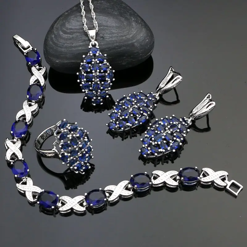 

925 Sterling Silver Party Jewelry Sets Blue Cubic Zirconia Earrings/Pendant/Necklace/Ring/Bracelet For Women Decoration