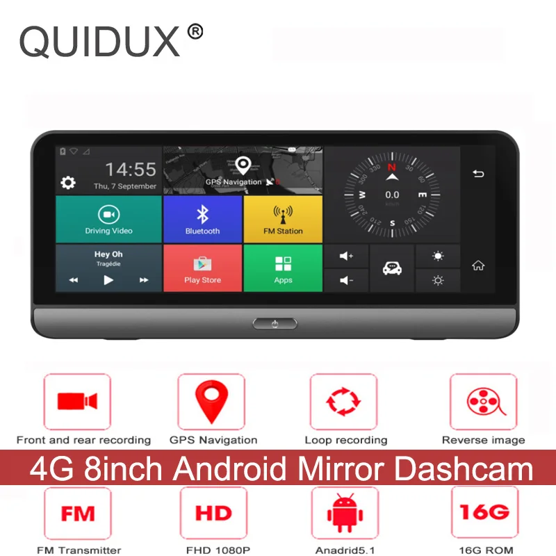 Автомобильный видеорегистратор QUIDUX 8 дюймов ips Touch 4G Android Mirror dvr ADAS gps навигация FHD
