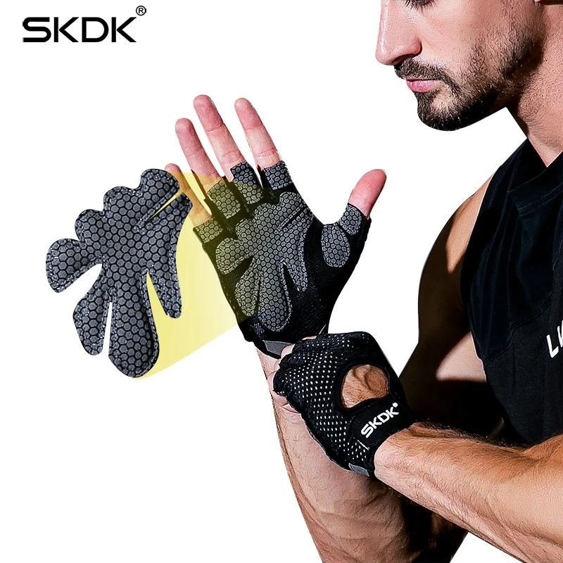SKDK Half finger Elastic Fitness Gym Gloves Silicone Anti-slip Breathable BodyBuilding Workout Crossfit Gloves Guantes Gimnasio