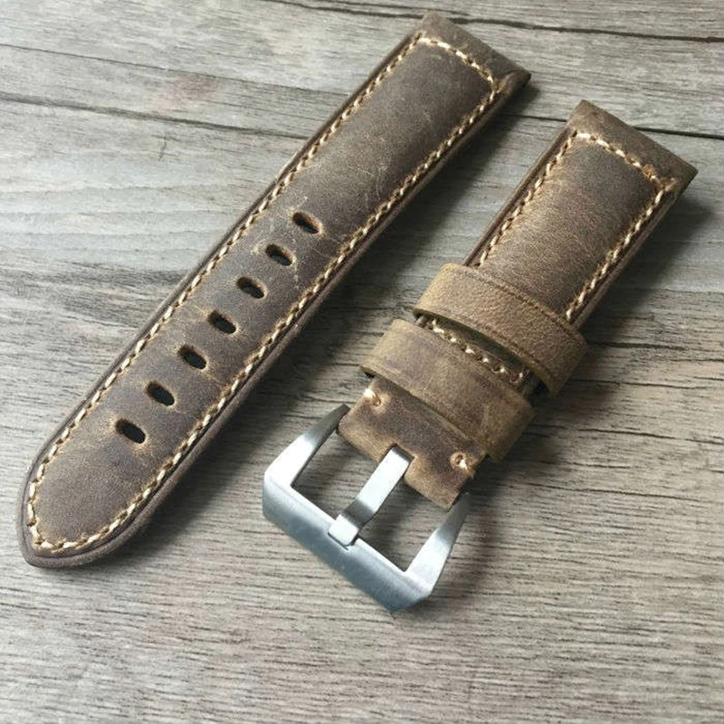 Goedkoop TJP Handgemaakte Klassieke 22mm 24mm 26mm Vintage Bruin Echt Crazy Horse lederen Voor Panerai Timex Zenith Horlogebanden band armband