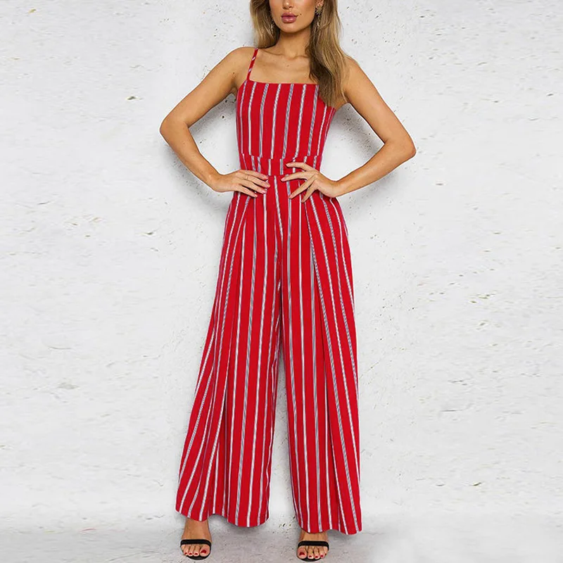 Red striped with open shoulders Overalls summer beach piquant long belt Overalls for babe