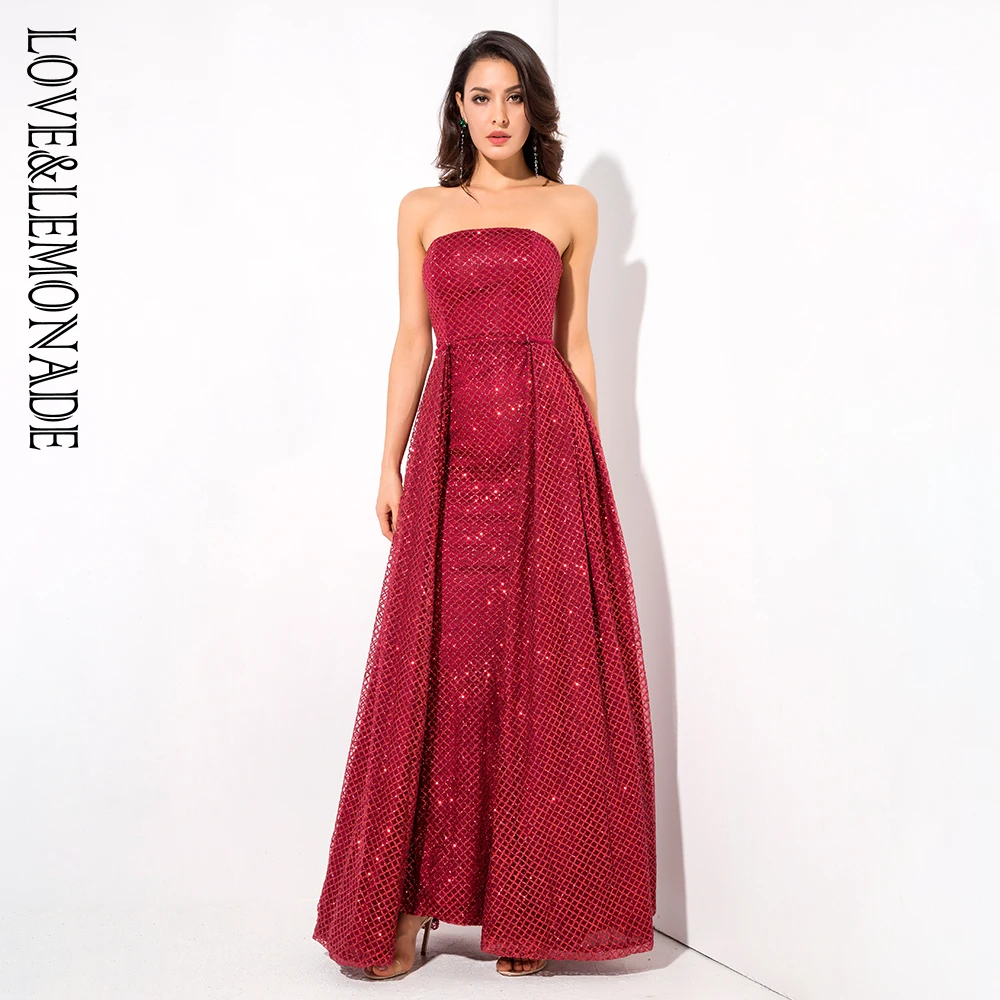 Красное Облегающее длинное платье без бретелек с надписью Love& Lemonade LM81216