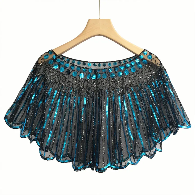 BLUE SHAWL Женская Блестящая накидка 1920 s, блестки из бисера, свадебная накидка, вечернее болеро, Солнцезащитный колпачок, цвет шампанского/розового/золотого/серебряного цвета - Цвет: BLUE SHAWL