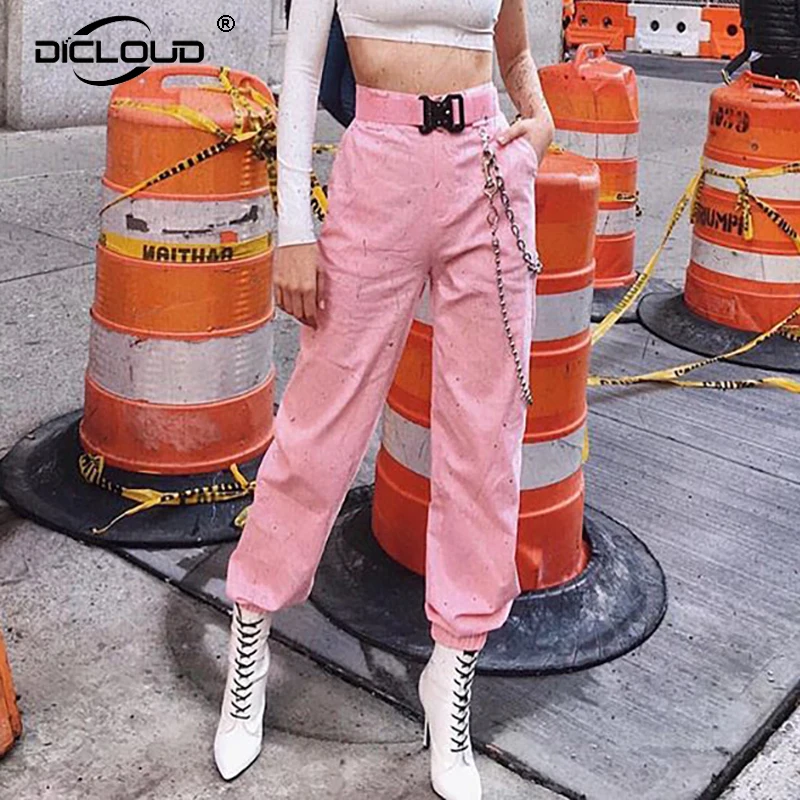 

Harajuku Girls Pink K-pop Cargo Pant Women Streetwear Elastic High Waist Punk Hip Hop Dance Pants Fashion Loose Chain Trousers