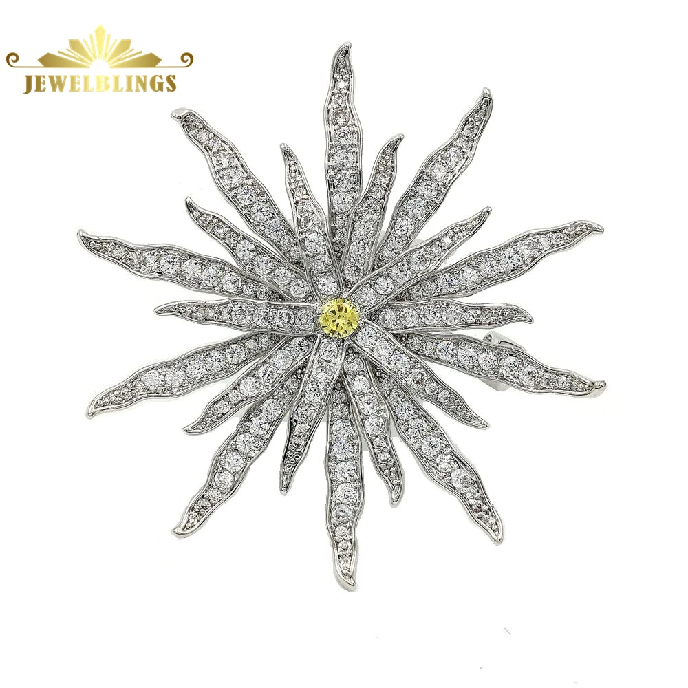 Festival Vintage Micro Pave CZ Firework Brooches Silver Tone Multi Petals Domed Yellow Stone Flower Pins Broach for Cape Jewelry | Украшения
