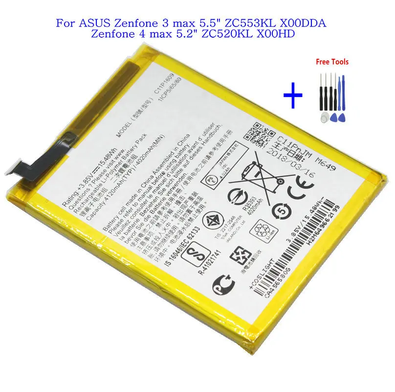 

1x 4120mAh C11P1609 Replacement Battery For ASUS Zenfone 3 max 5.5" ZC553KL X00DDA / Zenfone 4 max 5.2" X00HD ZC520KL + Tools