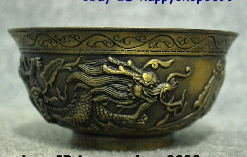 

5" Chinese FengShui Royal Palace Bronze Auspicious Wealth Dragon Tableware Bowl