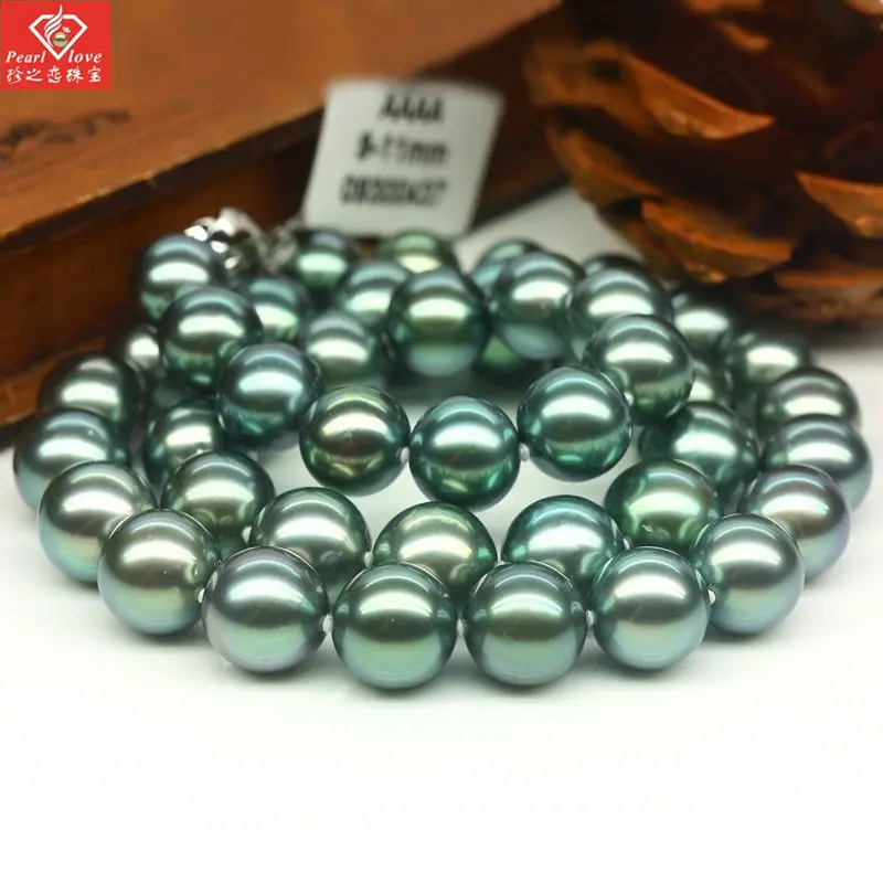 

Free shipping hot sale Women Bridal Wedding Jewelry >>17inch11-12mm round tahitian peacock green pearl necklace silver clasp