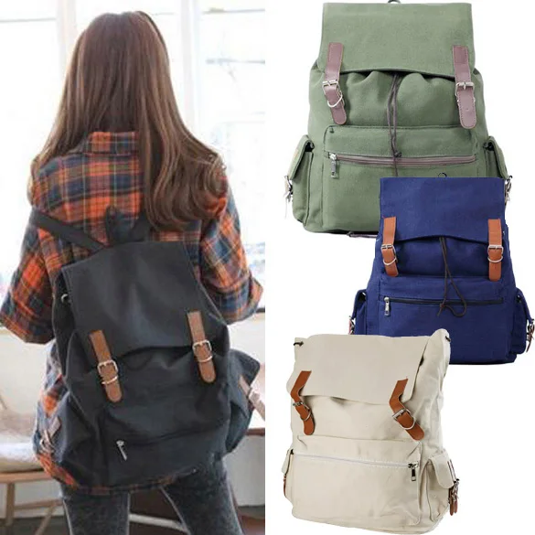 New Unisex Girl Boy Canvas Backpack Casual Shoulder Bag Magnet Button SchoolBag 4 Colors