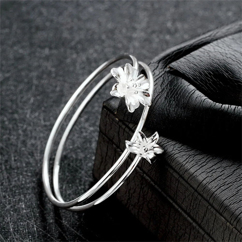 9-Exquisite 100% 925 Sterling Silver Jewelry Flower Cuff Bracelets&Bangles For Women Vintage Bijoux Pulseira Feminina CSZ013