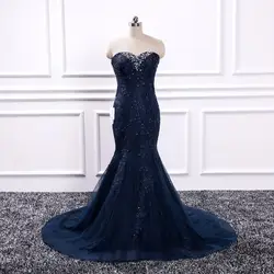 Винтажное темно-синее аппликации кружевное вечернее платье 2019 без рукавов Русалка Вечерние вечернее платье элегантные женские длинные