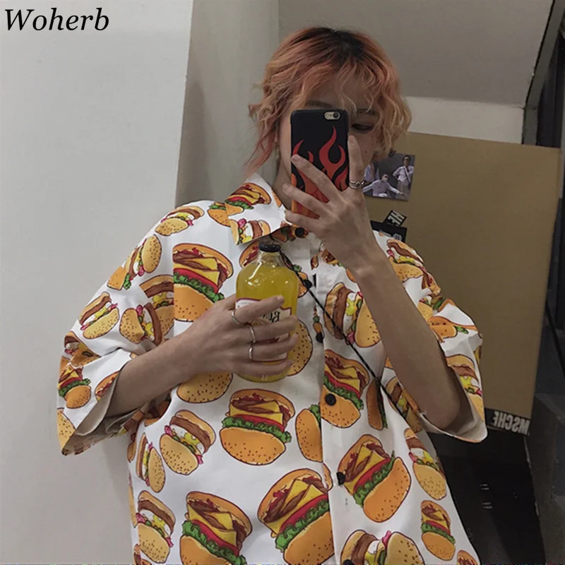 

Woherb Women and Man Funny Hamburger Print Blouse 2019 Fashion Streetwear Shirt Summer Loose Blusas Camisas Mujer 21979