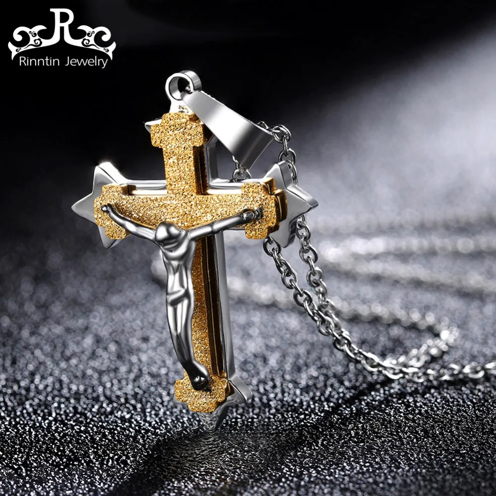 

Rinntin Stainless Steel Male Cross Necklaces Gold-color Frosting Surface Jesus Pendant Necklace For Men Fashion Jewelry DGTN30