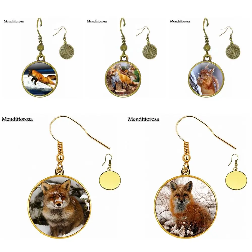 

Snowy Winter Fox Fashion Ladies Bronze/Silver/Golden Clip Ear Hook Drop Earrings Jewelry Glass Cabochon For Women Party Gift