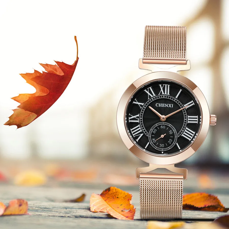 

CHENXI Fashion Casual Quartz Watches Women Rose Gold Vintage Roman Stainless Steel Mesh Belt Waterproof Female Clock saat bayan