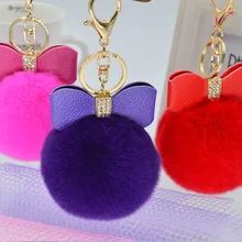 Free Shipping bowknot fur pom key chain women Rabbit Fur Ball Keychain key rings Key Chain fur For Bag Keychain car